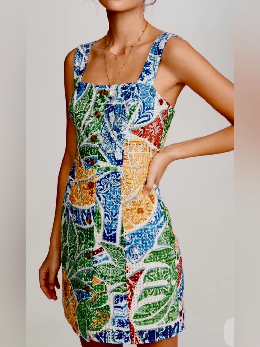 FARM Rio Tropical Tile Mini Dress XL Multicolor Eyelet Cotton Lined
